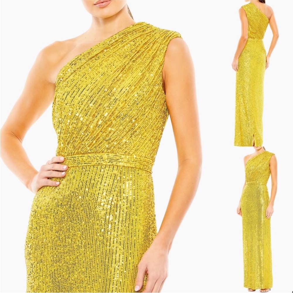 Mac Duggal Gold Sequin One-Shoulder Maxi Dress